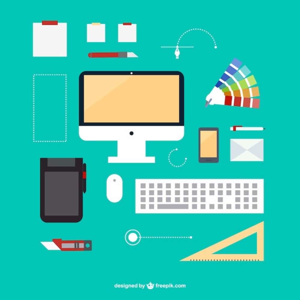 设计师的办公套件与健身器材的平面图像解析